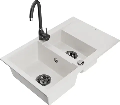 Kuchynské drezy MEXEN/S MEXEN/S - Gaspar granitový drez 1.5 s odkvapkávačom vrátane batérie Telma, biela 6507-20-670200-70