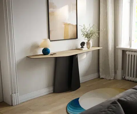 Konzolové stolíky DELIFE Konzolový stolík Edge polygonálny 180×50 cm keramika Laminam® Sabbia dubová farba Livos kov čierna