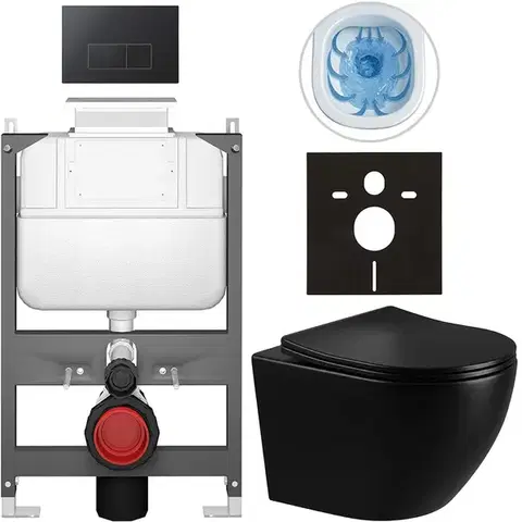 Záchody CERANO - Kompletný WC set Basic/Cesso - čierna lesklá - WC tlačidlo Modulo/Čierna - ovládanie zhora - predstenová inštalácia - 49x36 CER-8050BD86320