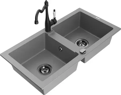 Kuchynské drezy MEXEN/S MEXEN/S - Mario granitový drez 2-bowl vrátane batérie Carla, šedá 6504-71-670700-70-B
