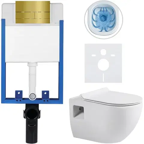 Záchody CERANO - Kompletný WC set Profi/Dure - biela lesklá - WC tlačidlo Line/Zlatá - na zamurovanie - 51x35 CER-8050BD84292