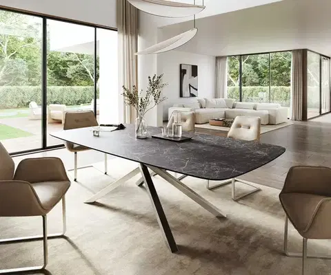Jedálenské stoly DELIFE Jedálenský stôl Edge zaoblený 260×120 cm keramika Laminam® Nero Greco antracitová krížová podstava nerezová oceľ