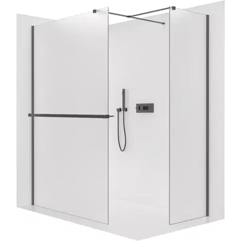 Držadlá k vani CERANO - Sprchová zástěna Walk-in Onyx T L/P - 8 mm - hranatá vzpěra + polička/držák na ručníky - černá matná, mléčné sklo - 90x80x200  CER-8050BD4036