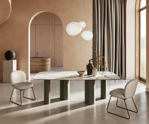 Jedálenské stoly DELIFE Jedálenský stôl Edge zaoblený tvar 240x120 cm keramika Calacatta Luxe bielo-zlato-šedá pilier kov efektová úprava titánová