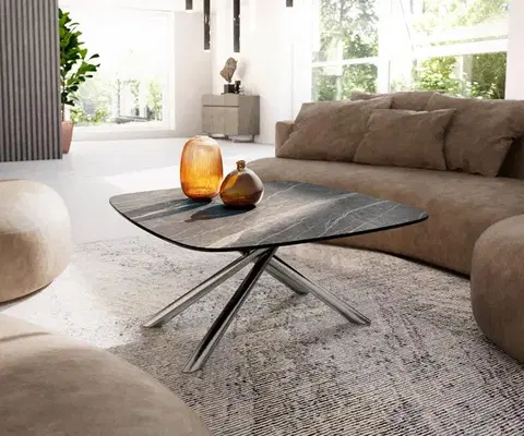 Konferenčné stolíky DELIFE Konferenčný stolík Edge zaoblený tvar 90x90 cm keramika Laminam® Noir Desir hnedá Sarity nerezová oceľ kefovaná