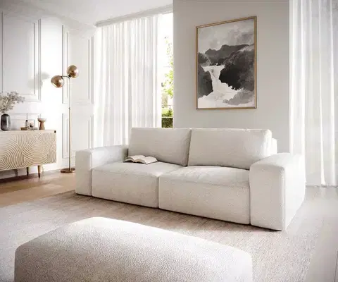 Veľké pohovky DELIFE Veľká pohovka Lanzo 230x95 cm bouclé bielo-béžová s taburetom