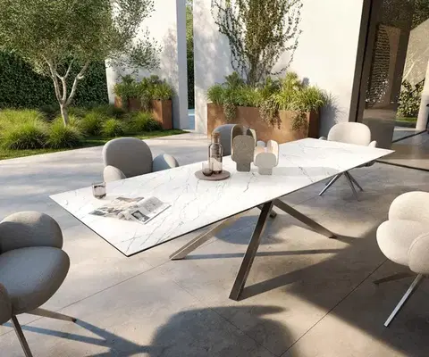 Záhradné stoly DELIFE Záhradný jedálenský stôl Edge 300x100 cm keramika Laminam® Statuarietto biela krížová podstava obdĺžnik nerezová oceľ