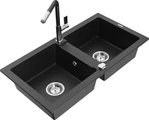 Kuchynské drezy MEXEN/S MEXEN/S - Mario granitový drez 2-bowl vrátane batérie Flora, čierna/strieborná metalík 6504-73-670401-07