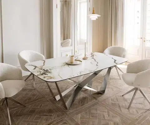 Jedálenské stoly DELIFE Jedálenský stôl Edge zaoblený tvar 200x100 keramika Calacatta Luxe bielo-zlato-šedá spider plochá oceľ nerezová oceľ