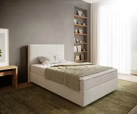 Postele Boxspring DELIFE Boxspring posteľ Dream-Well 120×200 cm bouclé krémovo biela s matracom a topperom