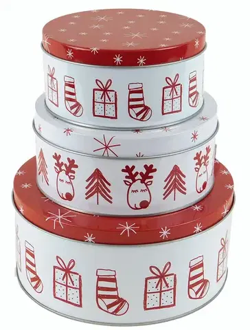 Vianočné dekorácie MAKRO - Dóza vianočná okrúhla 3ks, 19,5x9cm, 15,5x7cm, 13,5x6,5cm