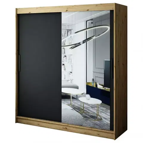 Šatníkové skrine Skriňa Halifax T2 200 Dub Artisan/čierna/Zrkadlo