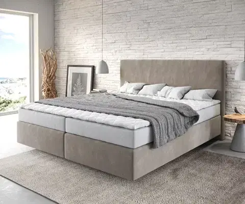 Postele Boxspring DELIFE Boxspring posteľ Dream-Well 180×200 cm mikrovlákno béžová s matracom a topperom