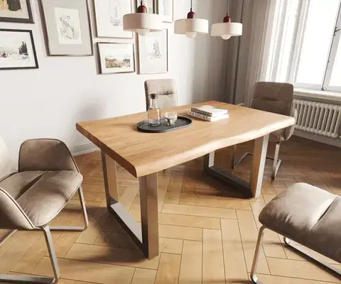 Jedálenské stoly DELIFE Jedálenský stôl Edge 140x90 XL akácia prírodná nerezová oceľ široký Live-Edge