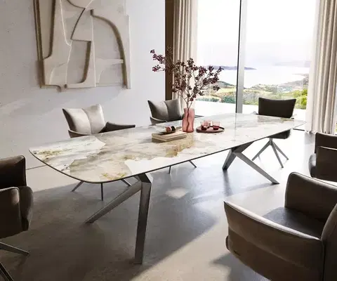 Jedálenské stoly DELIFE Jedálenský stôl Edge zaoblený tvar 300×120 cm keramika Minas Melange bielo-béžová Zenthara hranatý nerezová oceľ