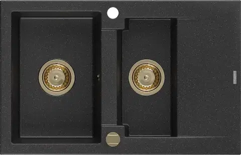 Kuchynské drezy MEXEN/S MEXEN/S - Gaspar granitový drez 1.5 s odkvapkávačom 737 x 475 mm, čierny/strieborný metalik, zlatý sifón 6507731505-73-G