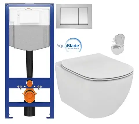 Závesné wc sety CERSANIT predstenový inštalačný systém s tlačidlom chrom K97-509 + WC Ideal Standard Tesi so sedadlom SoftClose, AquaBlade K97-526 509 TE1