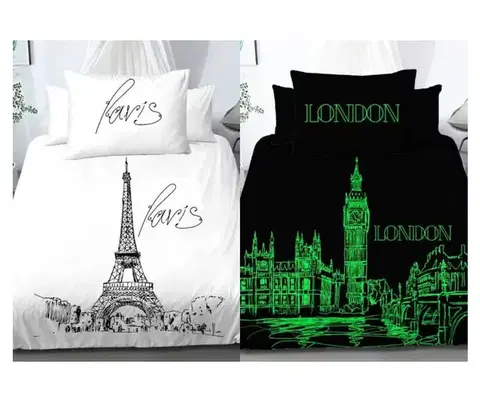 Obliečky Svietiace obliečky bavlnené Deluxe 3D deň v Paríži noc v Londýne 200x140cm+90x70cm TiaHome