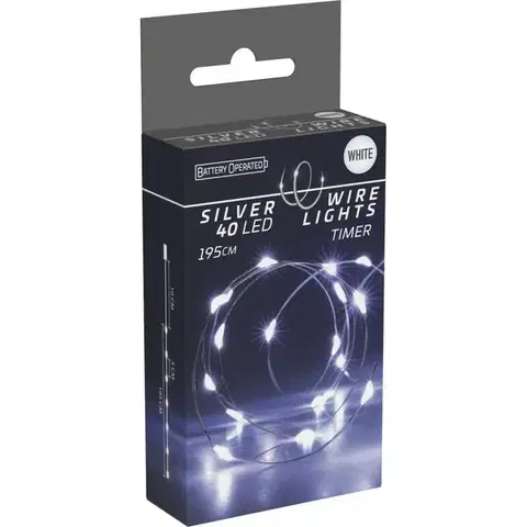 Vianočné dekorácie Svetelný drôt Silver, 2 m, 40 LED, studená biela, časovač, na batérie