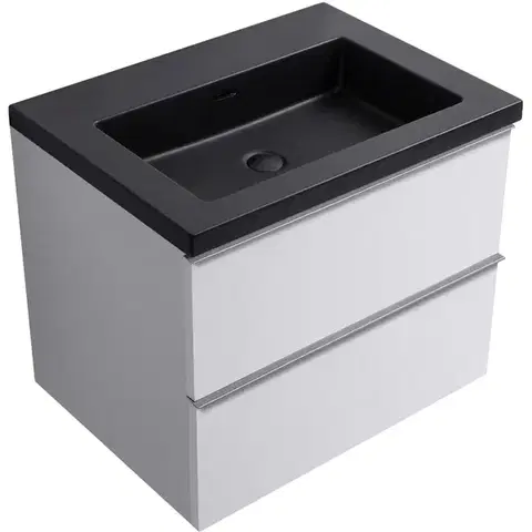 Kúpeľňový nábytok CERANO - Kúpeľňová skrinka Velora - biela matná, úchytka chróm + umývadlo z lit. mramoru Ovo - čierna matná - 70,5x58x46,5 CER-979946