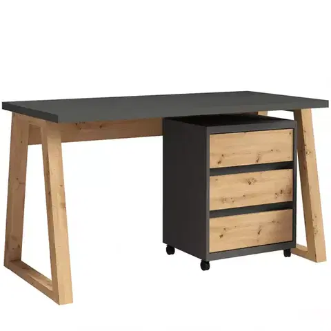 Moderné kancelárske stoly Set Iga I Písací stôl + Skrinka na kolieskach Grafit / Dub Artisan