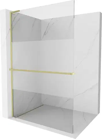 Sprchové dvere MEXEN/S - Kioto+ L Sprchová zástena WALK-IN s poličkou a držiakom uterákov 80 x 200, transparent/dekor, zlatá kartáčovaná 800-080-123-55-35