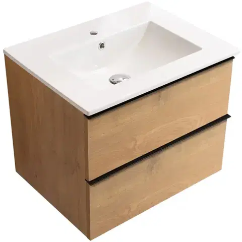 Kúpeľňový nábytok CERANO - Kúpeľňová skrinka Velora - dub medový, úchytka čierna + keramické umývadlo Todo - 71x55x46,5 CER-664945