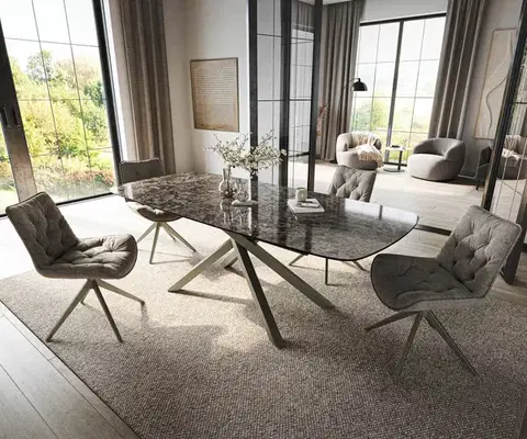 Jedálenské stoly DELIFE Jedálenský stôl Edge zaoblený 180-220×100 cm keramika emperador extra leštená tmavohnedá krížová podstava hranatý titánová farba rozkladací
