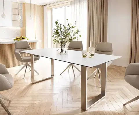 Jedálenské stoly DELIFE Jedálenský stôl Edge 200x100 keramika Laminam® Statuarietto biela nerezová oceľ úzky