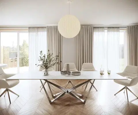 Jedálenské stoly DELIFE Jedálenský stôl Edge 300x100 cm keramika Laminam® Statuarietto biela Spider plochá nerezová oceľ