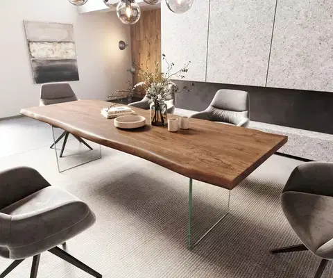 Jedálenské stoly DELIFE Jedálenský stôl Edge 260x100 XL akácia hnedá sklo Live-Edge