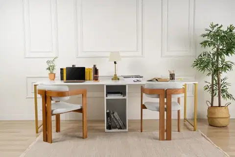 Písacie stoly Písací stôl Twin Study Desk - White, Gold