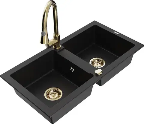 Kuchynské drezy MEXEN/S MEXEN/S - Mario granitový drez 2-bowl vrátane batérie Elia, čierna 6504-77-670101-50