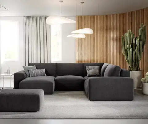 Sedacie súpravy XL DELIFE Pohovka v tvare U Lanzo 300x210 cm mikrovlákno čierna ležadlo variabilné s taburetom
