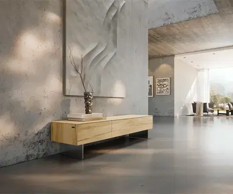Televízne stolíky DELIFE TV stolík Cuor 150 cm keramika Laminam® Sabbia dubová farba 1 výklopné dvierka 1 zásuvka podstava závesná nerezová oceľ