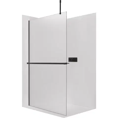Držadlá k vani CERANO - Sprchová zástěna Walk-in Onyx Top Cube L/P - 8 mm - hranatá vzpěra + polička/držák na ručníky - černá matná, mléčné sklo - 30x200  CER-8050BD80072