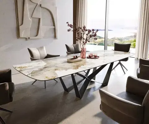 Jedálenské stoly DELIFE Jedálenský stôl Edge zaoblený tvar 300×120 cm keramika Minas Melange bielo-béžová Spider plochá oceľ nerezová oceľ grafitová