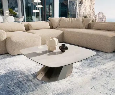 Konferenčné stolíky DELIFE Konferenčný stolík Edge zaoblený tvar 90×90 cm keramika onyx šampanské Parabi nerezová oceľ kefovaná