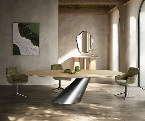 Jedálenské stoly DELIFE Jedálenský stôl Edge oválny 280x130 keramika Laminam® sabbia dubová farba kužeľ metalická strieborná