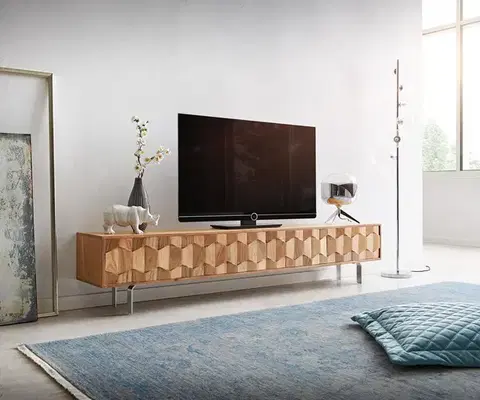 Televízne stolíky DELIFE TV stolík Fevo 200 cm akácia prírodná 4 dvierka podstava v tvare L