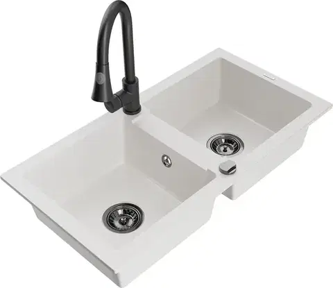 Kuchynské drezy MEXEN/S MEXEN/S - Mario granitový drez 2-bowl vrátane batérie Elia, biela 6504-20-670101-70