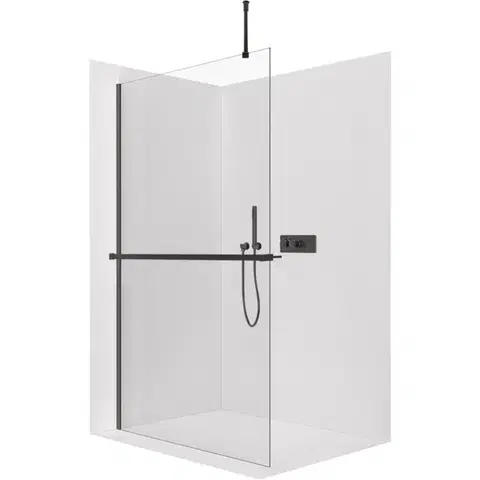 Držadlá k vani CERANO - Sprchová zástěna Walk-in Onyx Top Round L/P - 8 mm - kulatá vzpěra + polička/držák na ručníky - černá matná, transparentní sklo - 110x200  CER-8050BD1722