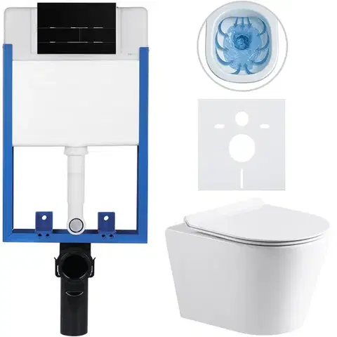 Záchody CERANO - Kompletný WC set Profi/Carlito - biela lesklá - WC tlačidlo Line/Čierna lesklá - na zamurovanie - 48,5x36,5 CER-8050BD84306