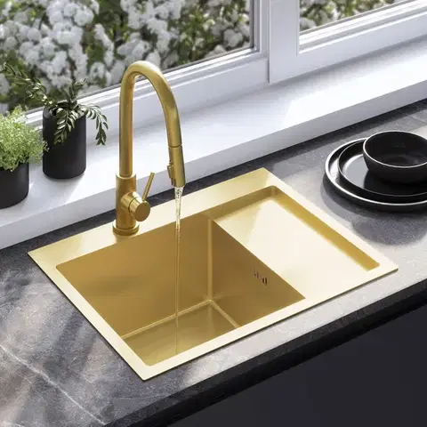 Kuchynské drezy REA REA - Oceľový drez Fín BRUSH GOLD s kuchynskou batériou KPL-96013