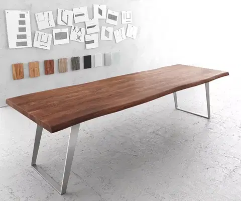 Jedálenské stoly DELIFE Jedálenský stôl Edge 300x100 cm XL akácia hnedá nerezová oceľ strieborná skosený Live-Edge