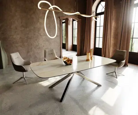 Jedálenské stoly DELIFE Jedálenský stôl Edge zaoblený 240x120 cm keramika Iris FMG Onice Oro krížová podstava hranatý nerezová oceľ