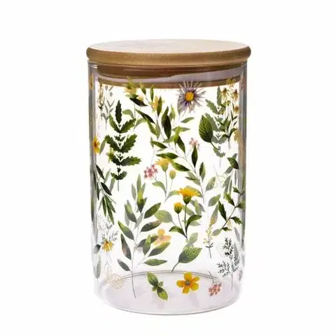 Misky a misy Sklenená dóza s bambusovým viečkom Lúčne kvety, 840 ml, L
