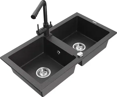 Kuchynské drezy MEXEN/S MEXEN/S - Mario granitový drez 2-bowl vrátane batérie Duero, čierna kropenatá 6504-76-671600-76