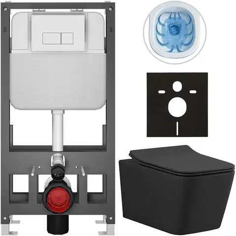 Záchody CERANO - Kompletný WC set Basic/Forte - čierna matná - WC tlačidlo Modulo/Biela - voľne stojaca - predstenová inštalácia - 51x36 CER-8050BD86407