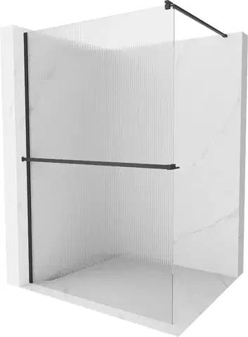 Sprchové dvere MEXEN/S - Kioto+ Sprchová zástena WALK-IN s poličkou a držiakom uterákov 100 x 200, prúžky 8 mm, čierna 800-100-121-70-09
